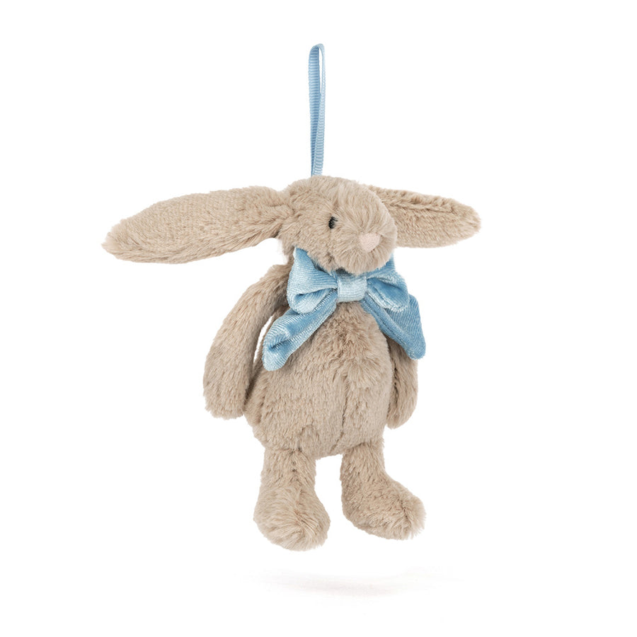 Soft beige bunny hanging ornament with blue bow and long ears, Bashful Beige Bunny Decoration