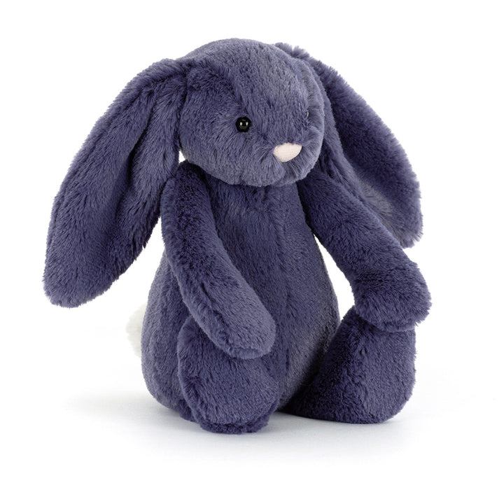 Soft plush Bashful Saffyre Bunny in deep blue sitting upright with floppy ears