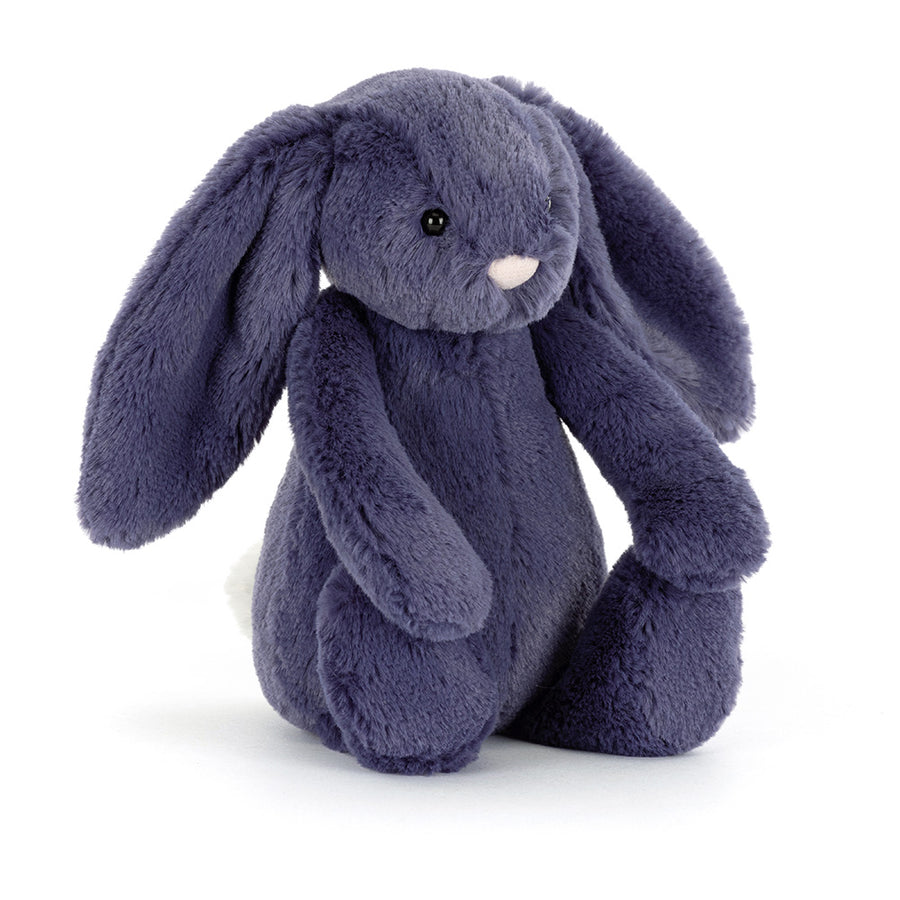 Soft plush Bashful Saffyre Bunny in deep blue sitting upright with floppy ears