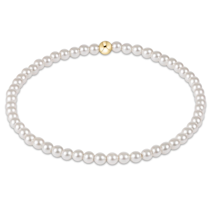 eNewton Classic Pearl 3mm Bracelet featuring a continuous strand of white crystal pearls with a single gold accent bead
