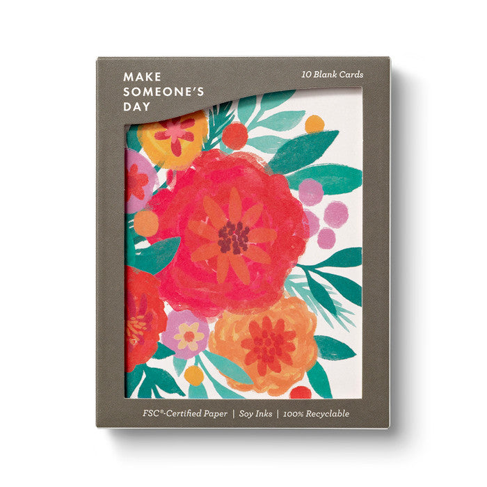 Floral card set packaging with colorful flowers on a white background