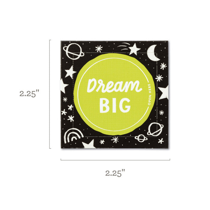 Motivational card with 'Dream Big' text on a black background with space-themed illustrations, showing dimensions.