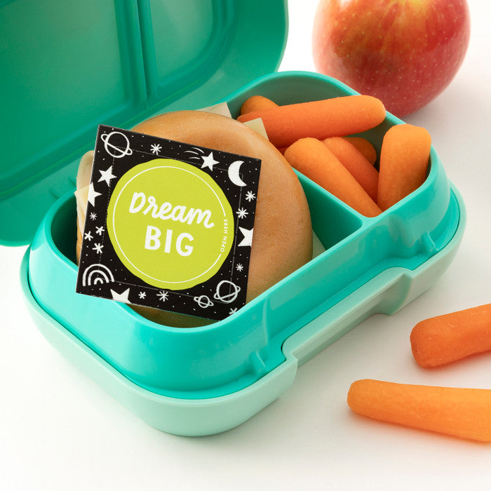 Teal lunch box with sandwich, carrots, and 'Dream Big' card on a white background