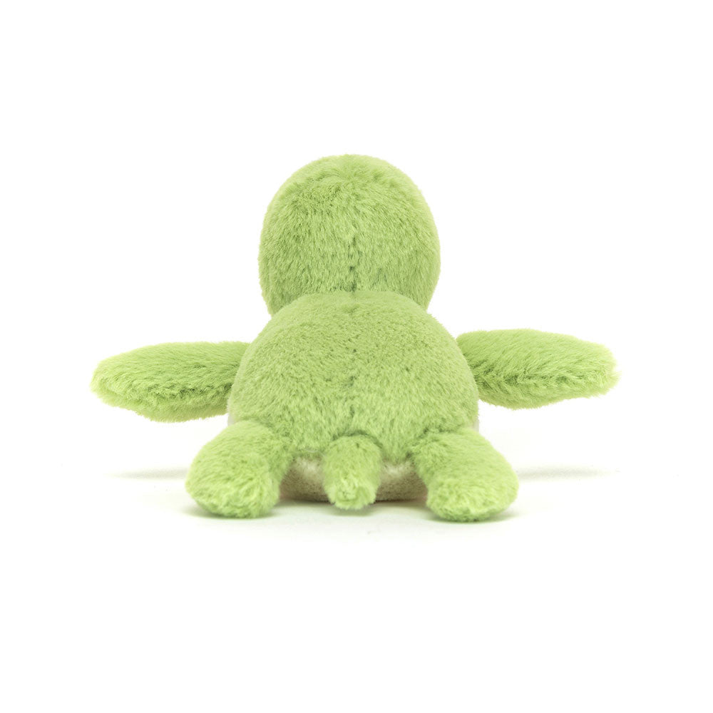 Back view of the Jellycat Fluffy Turtle, showcasing its vibrant zesty lime shell and the fuzzy pompom head peeking over the top.