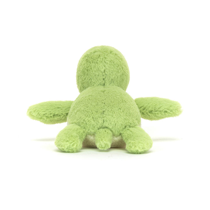 Back view of the Jellycat Fluffy Turtle, showcasing its vibrant zesty lime shell and the fuzzy pompom head peeking over the top.
