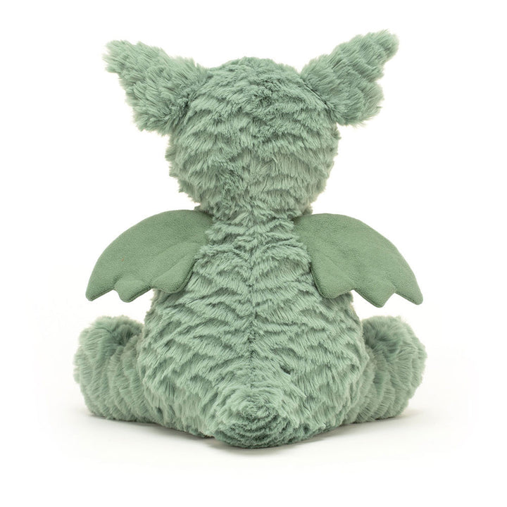 Sage-green Jellycat Fuddlewuddle Dragon plush with soft textured fur and little wings.