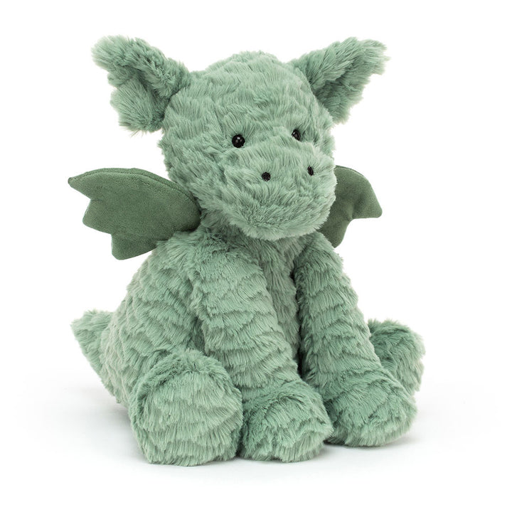 Sage-green Jellycat Fuddlewuddle Dragon plush with soft textured fur and little wings.