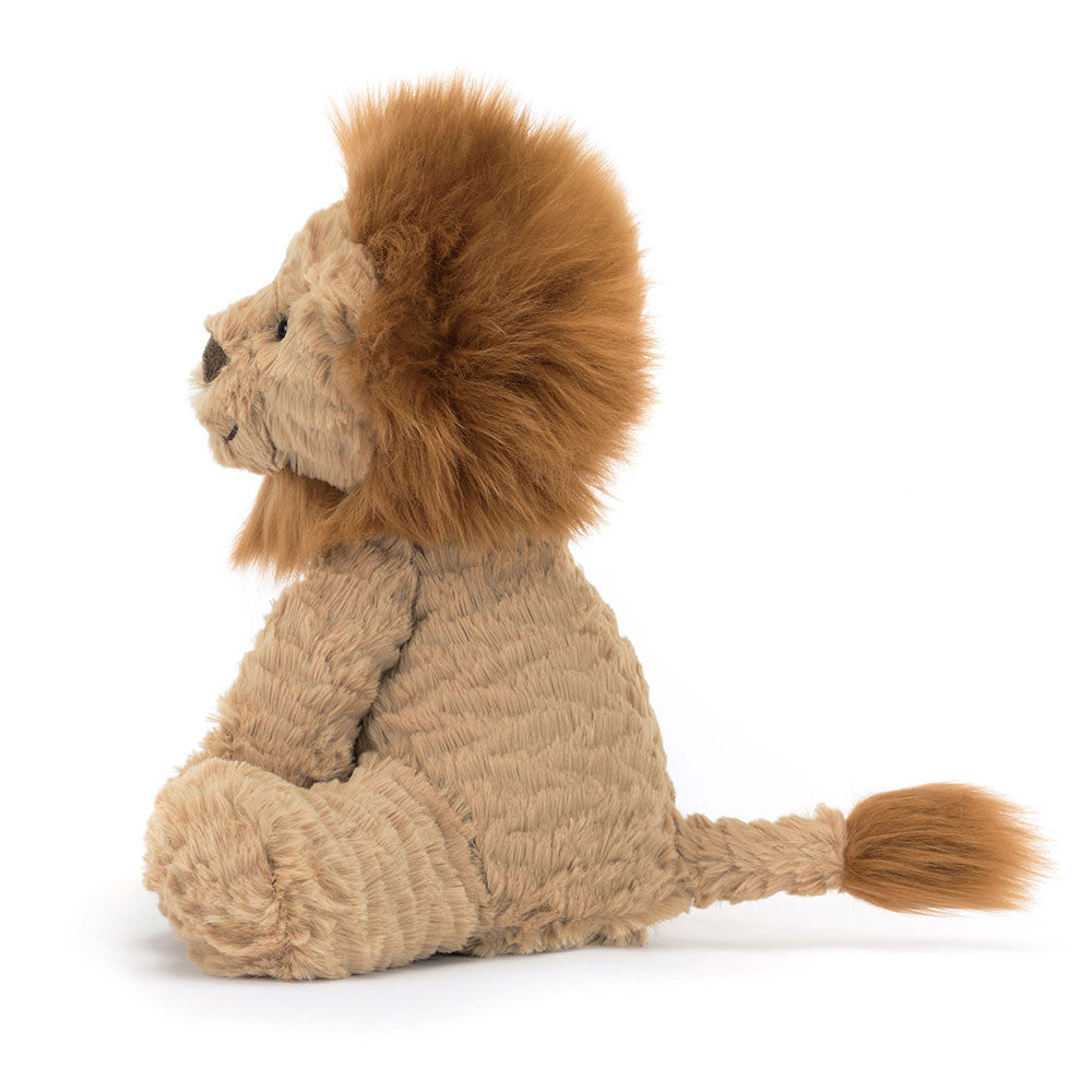 Jellycat Fuddlewuddle Lion plush toy with soft fur and fluffy mane. Profile view.

