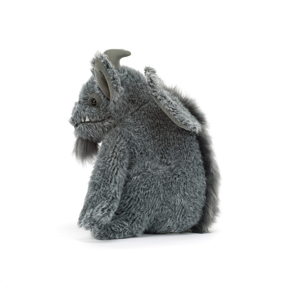 Jellycat Growlston Gargoyle charcoal grey plush with horns, pointed ears, wings and tiny fangs front view