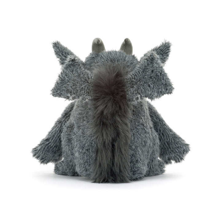 Jellycat Growlston Gargoyle charcoal grey plush with horns, pointed ears, wings and tiny fangs front view