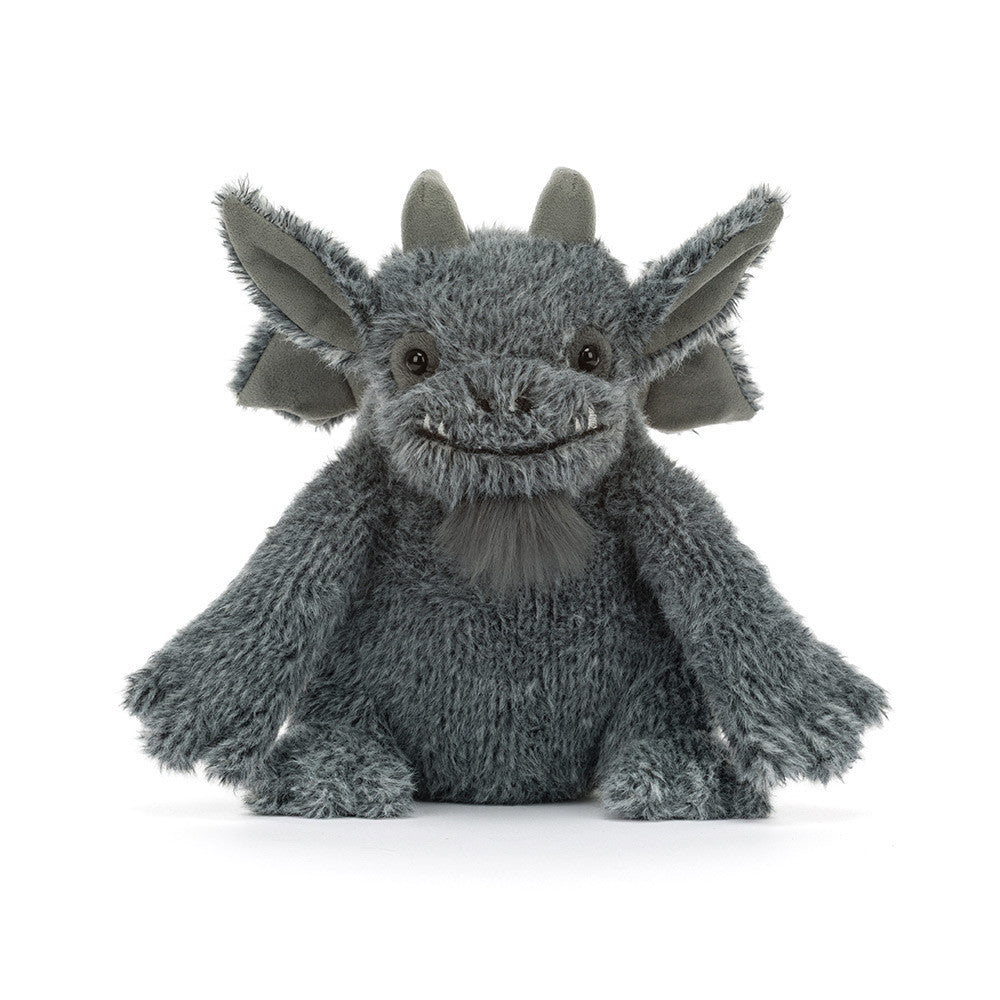 Jellycat Growlston Gargoyle charcoal grey plush with horns, pointed ears, wings and tiny fangs front view