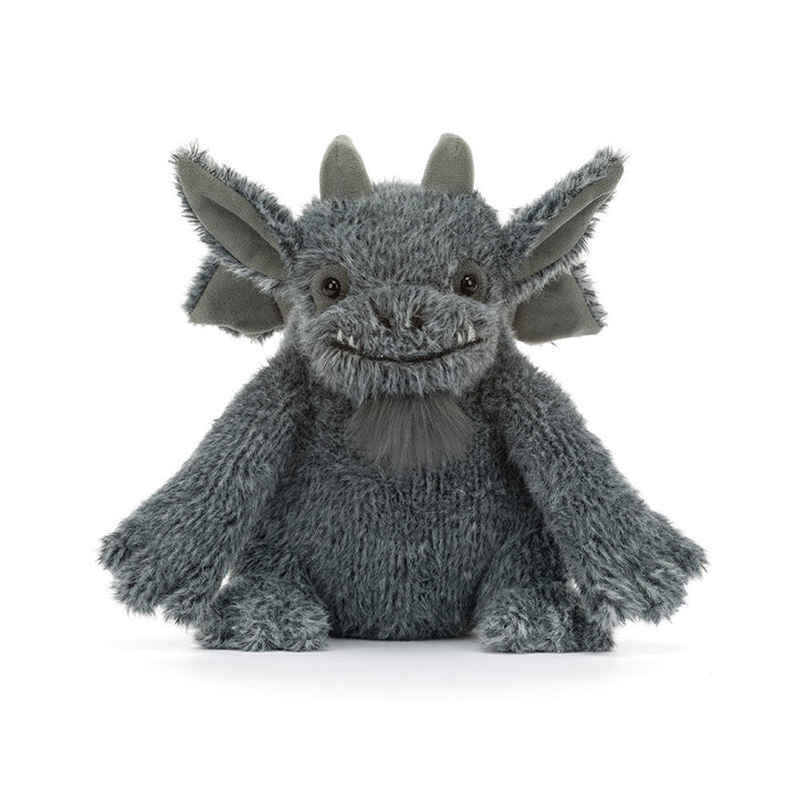 Jellycat Growlston Gargoyle charcoal grey plush with horns, pointed ears, wings and tiny fangs front view