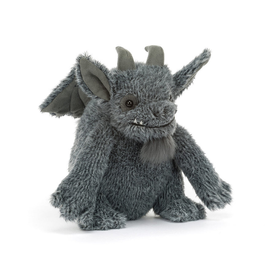 Jellycat Growlston Gargoyle charcoal grey plush with horns, pointed ears, wings and tiny fangs front view