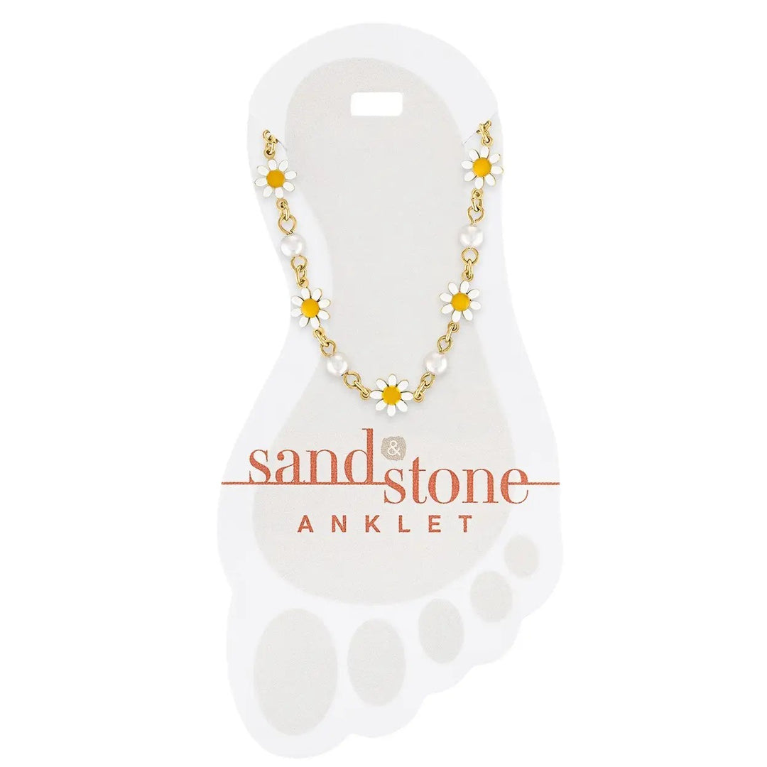 gold stainless steel anklet with daisy flowers and pearl accents