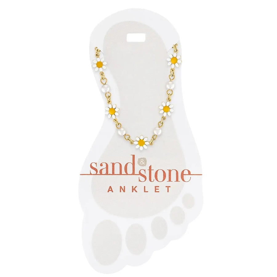 gold stainless steel anklet with daisy flowers and pearl accents
