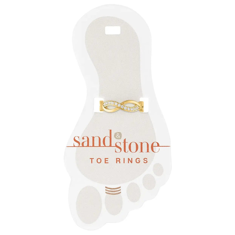Gold infinity toe ring with cubic zirconia stones on display card