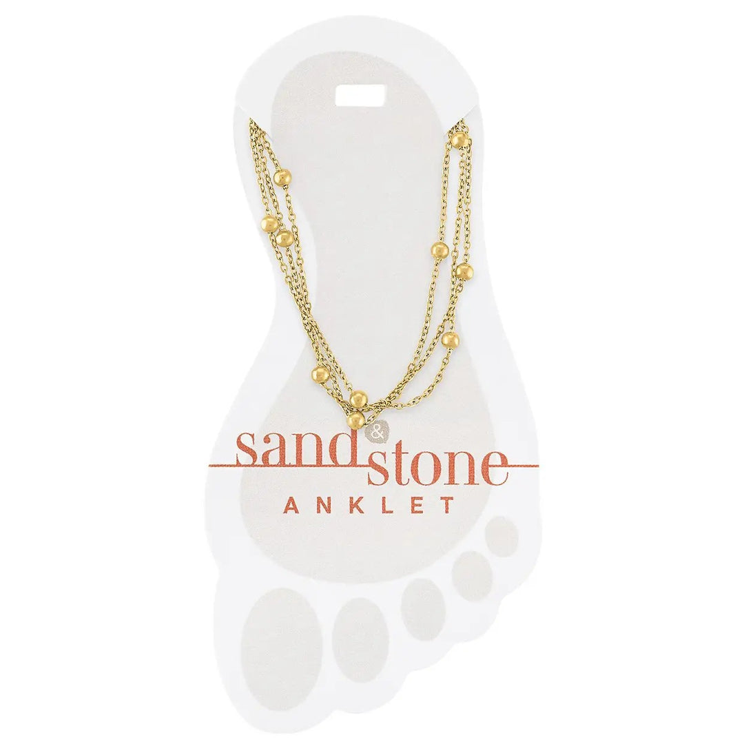 gold stainless steel multi strand anklet with layered chains and bead accents shown on display card