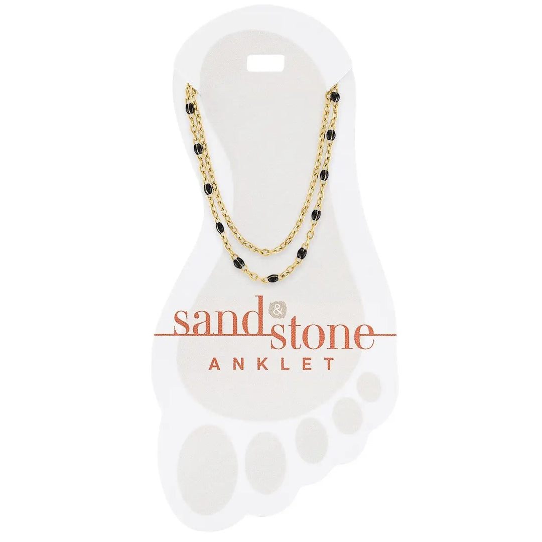 gold stainless steel anklet with petite black beaded accents on double chain shown on dislay card
