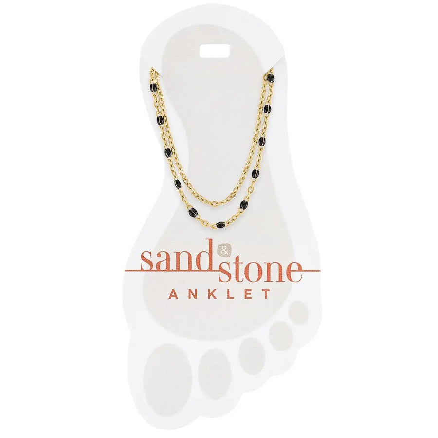 gold stainless steel anklet with petite black beaded accents on double chain shown on dislay card