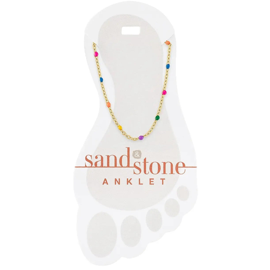 gold stainless steel anklet with petite rainbow colored beads shown on display card