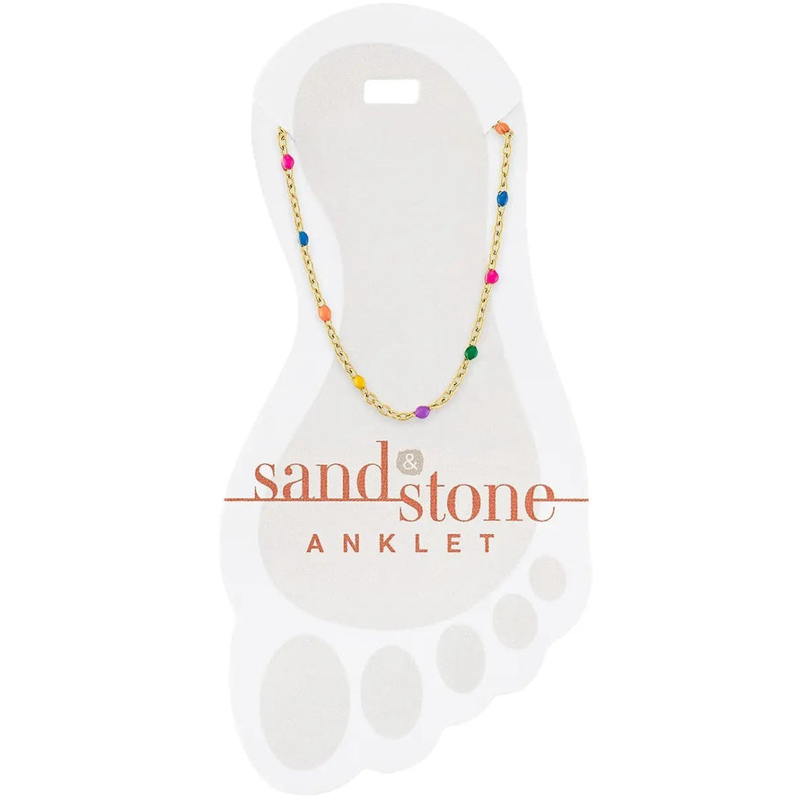 gold stainless steel anklet with petite rainbow colored beads shown on display card