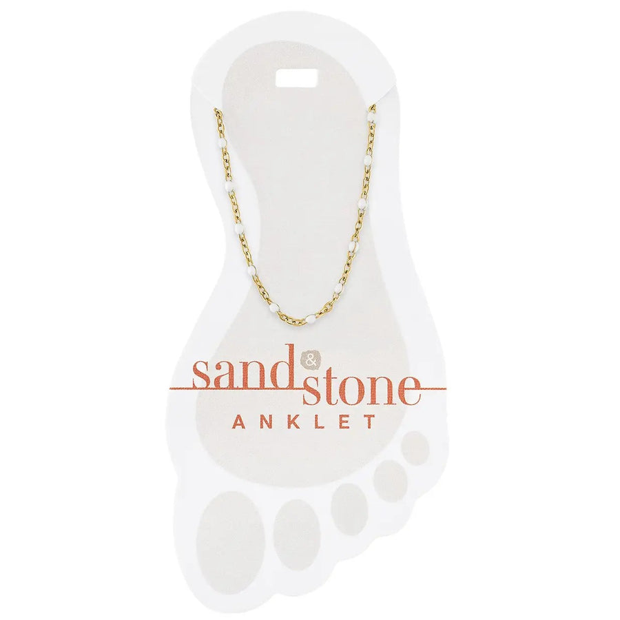 gold stainless steel anklet with petite white beaded accents on chain shown on display card