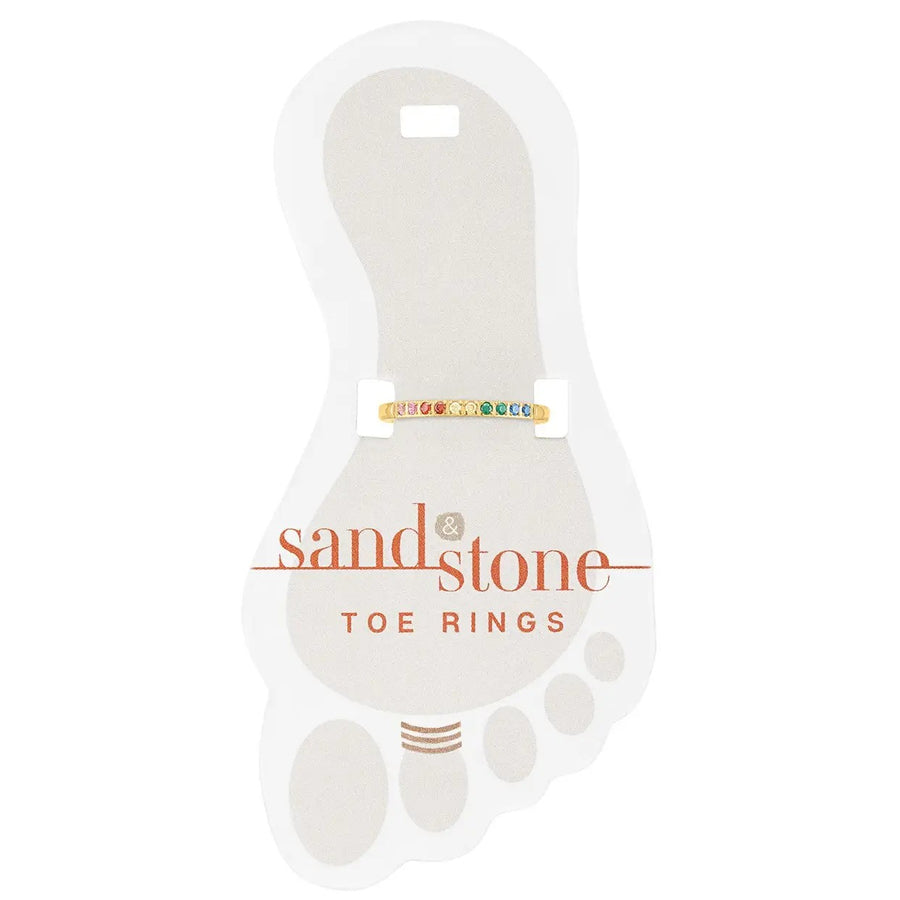 Gold toe ring with multi-color cubic zirconia stones on display card