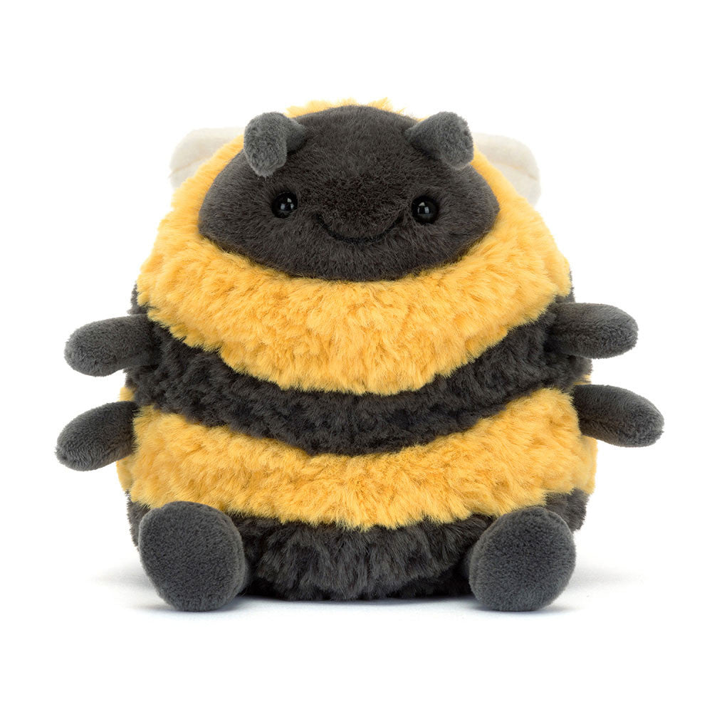 “Jellycat Albee Bee plush toy with yellow and charcoal stripes”