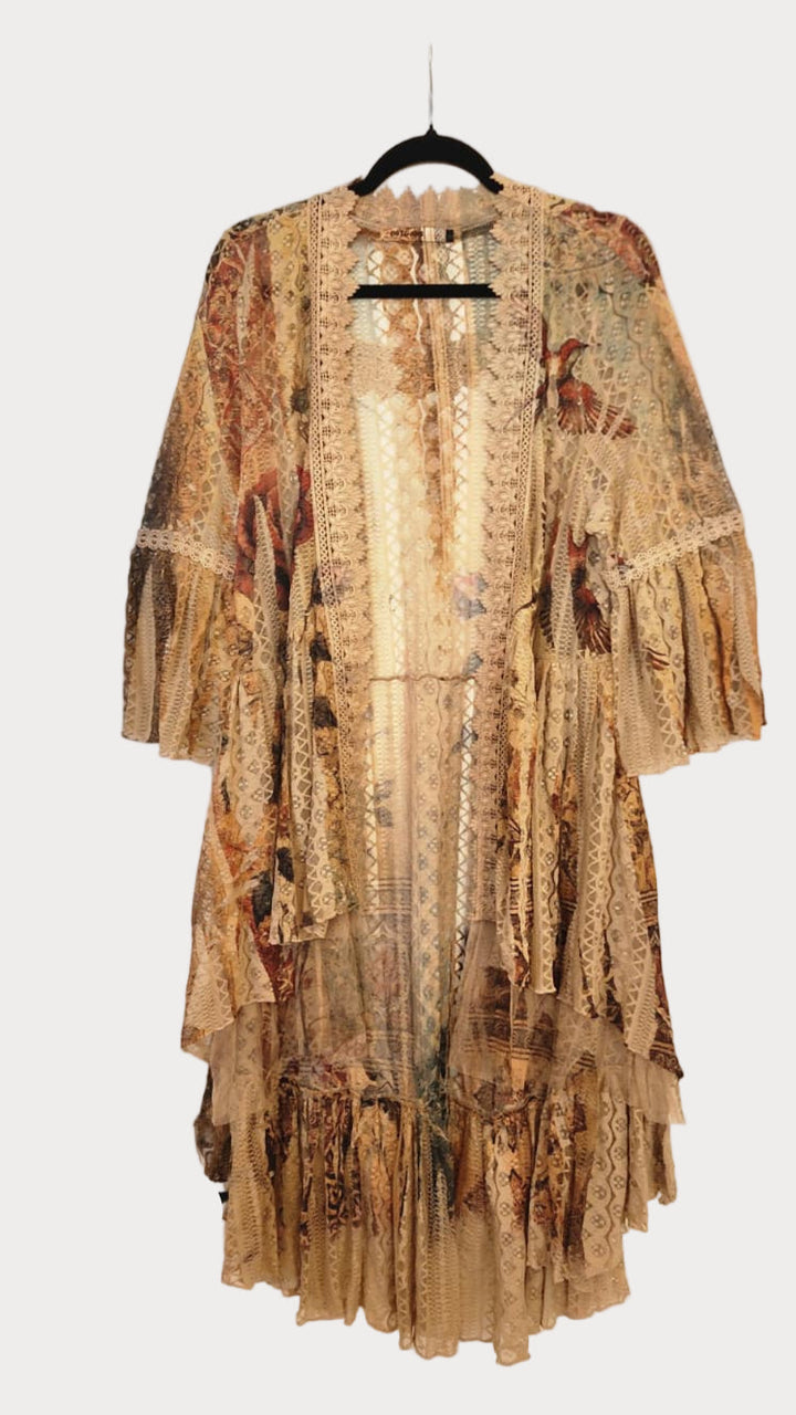 Vintage Floral Lace Tiered High-Low Kimono | Bohemian Duster