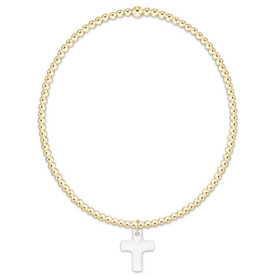eNewton Classic Gold 2mm Bracelet featuring delicate 14kt gold-filled beads and a translucent crystal cross charm