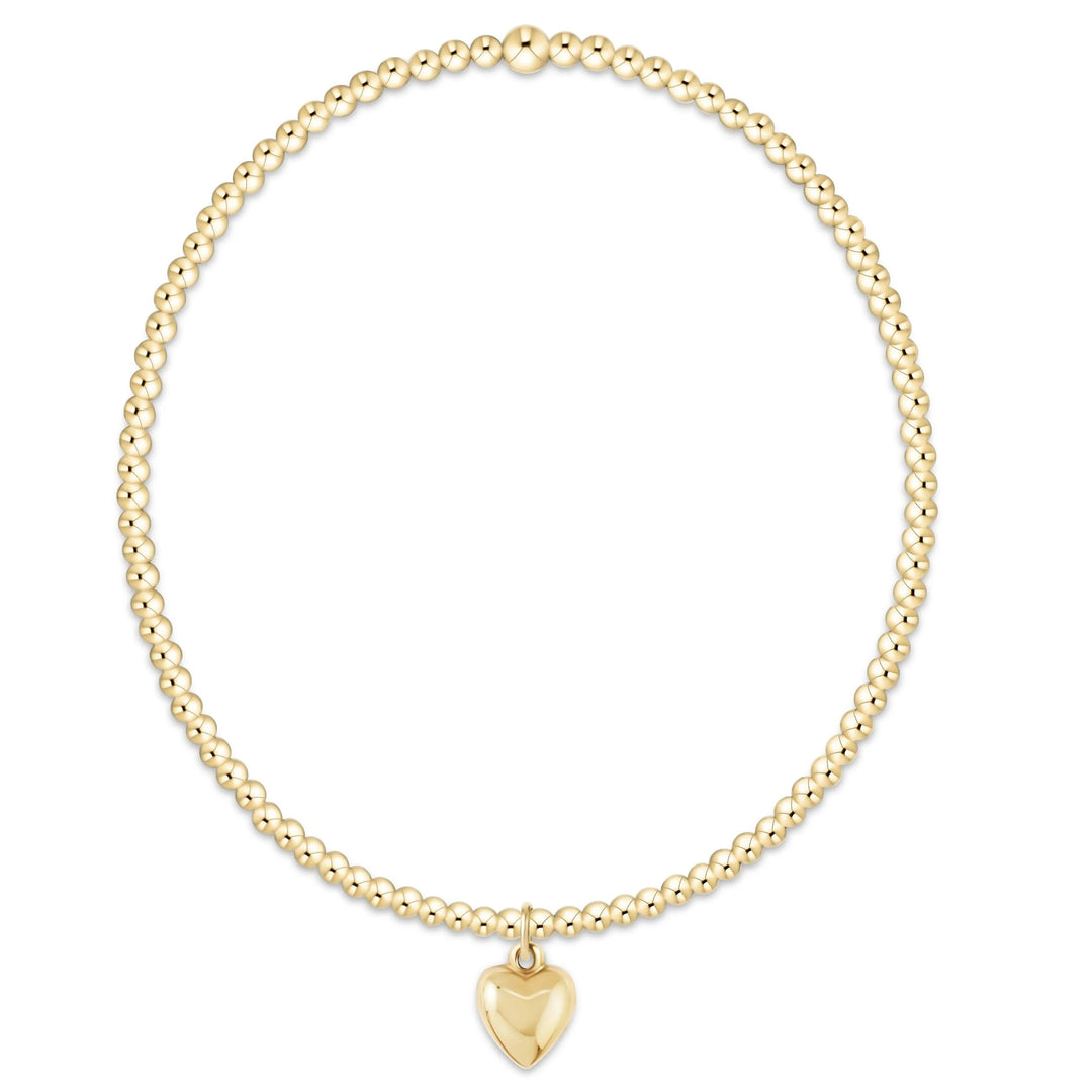 eNewton Classic Gold 2mm Bracelet featuring polished 14kt gold-filled beads and a petite puffed gold heart charm