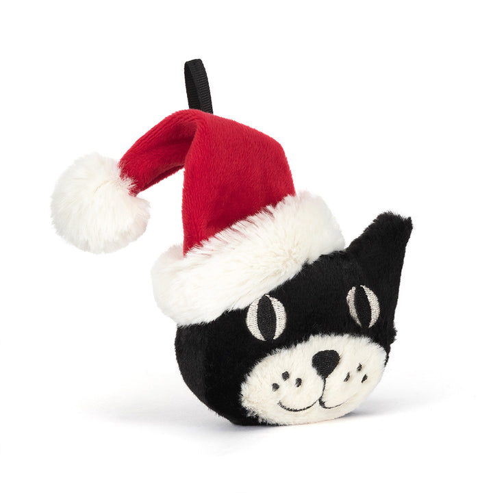 Plush black cat ornament wearing a red and white Santa hat, Jellycat Jack Decoration