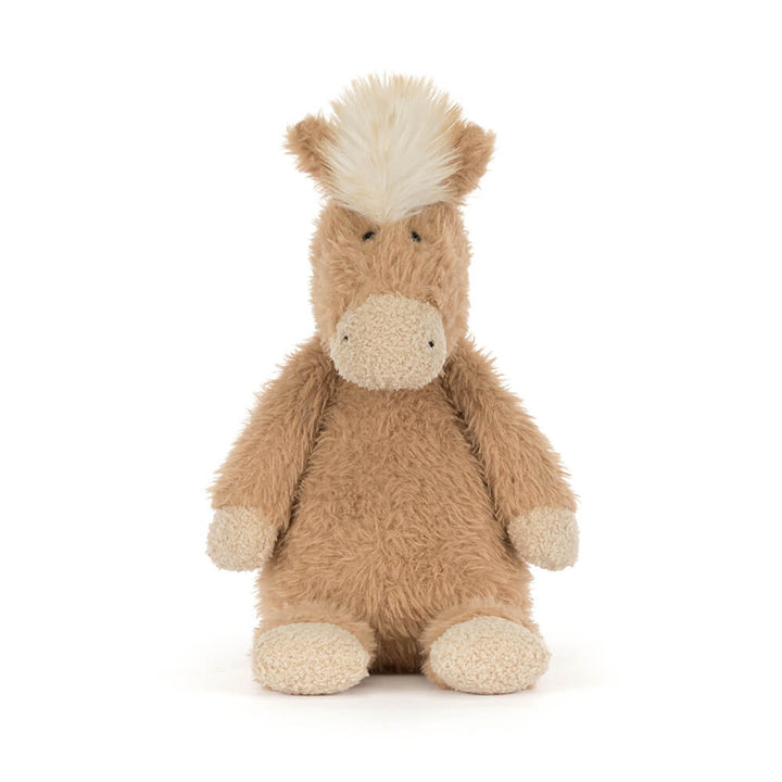 Soft plush pony with tan fur, cream accents, and fluffy mane sitting upright front facing