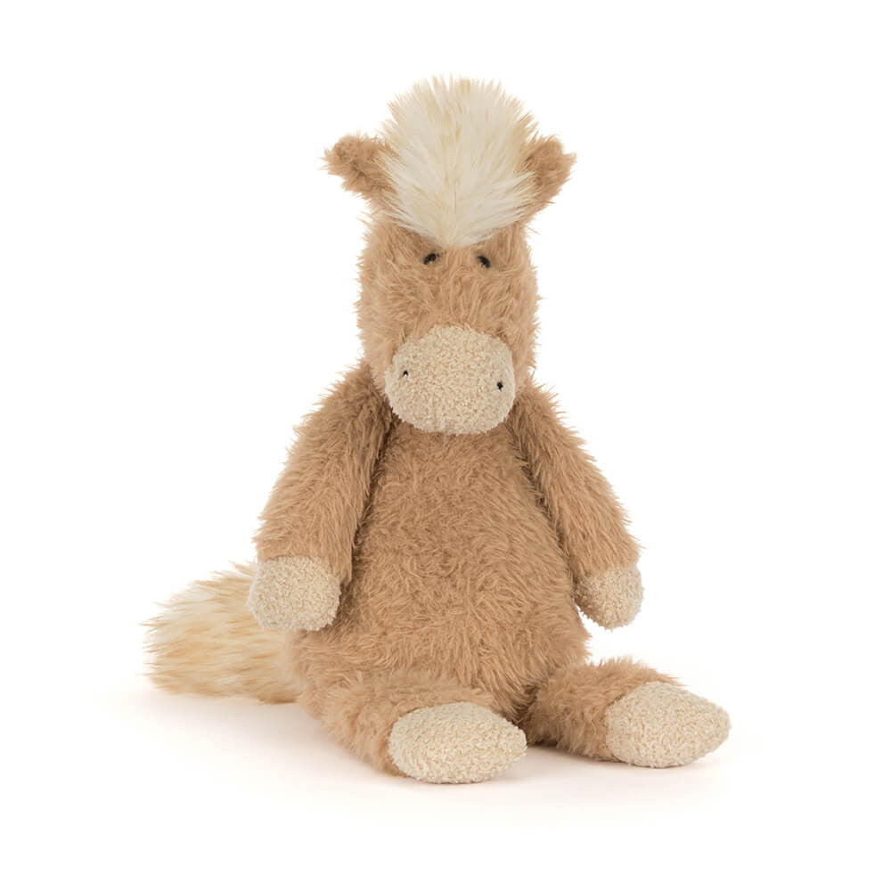Soft plush pony with tan fur, cream accents, and fluffy mane sitting upright