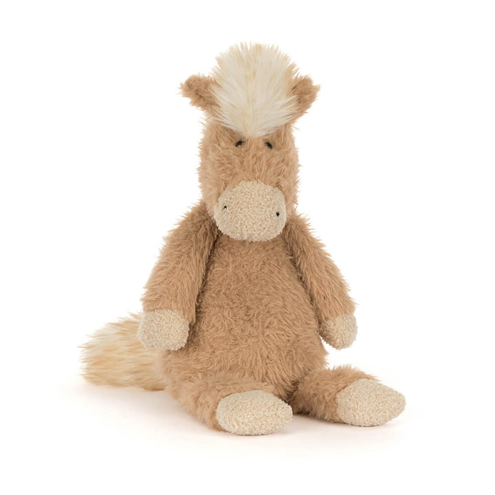 Soft plush pony with tan fur, cream accents, and fluffy mane sitting upright