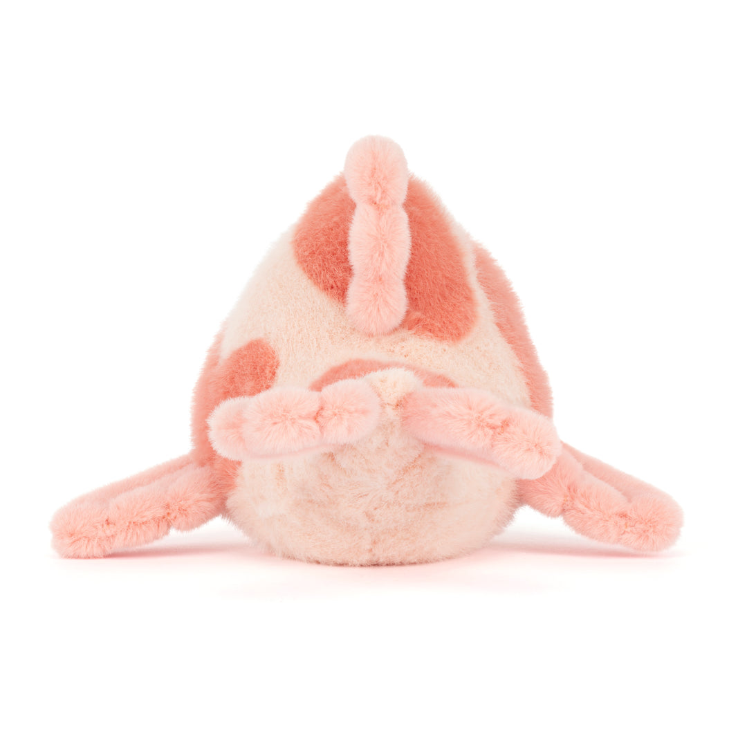 Plush toy fish with a pink and coral body on a white background
