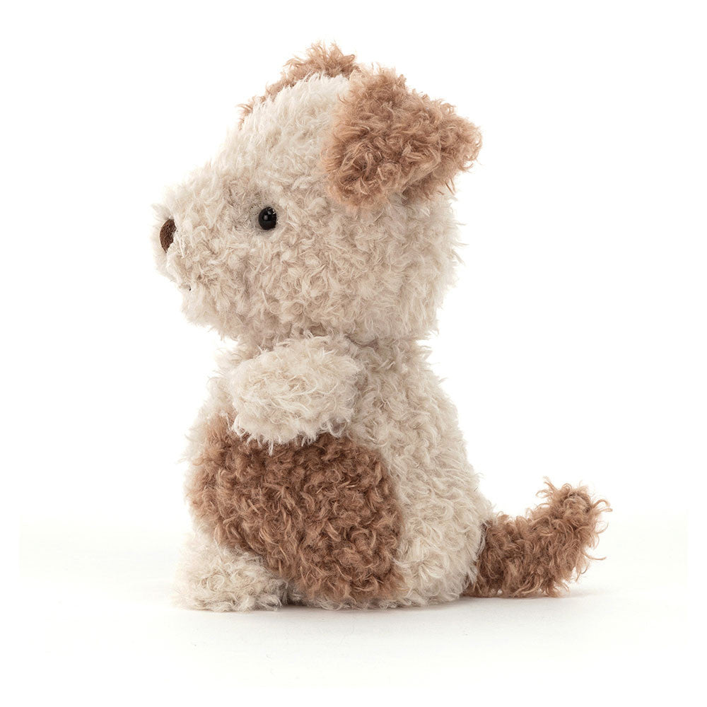 Small cream and brown Jellycat puppy plush with scruffy fur and floppy ears.