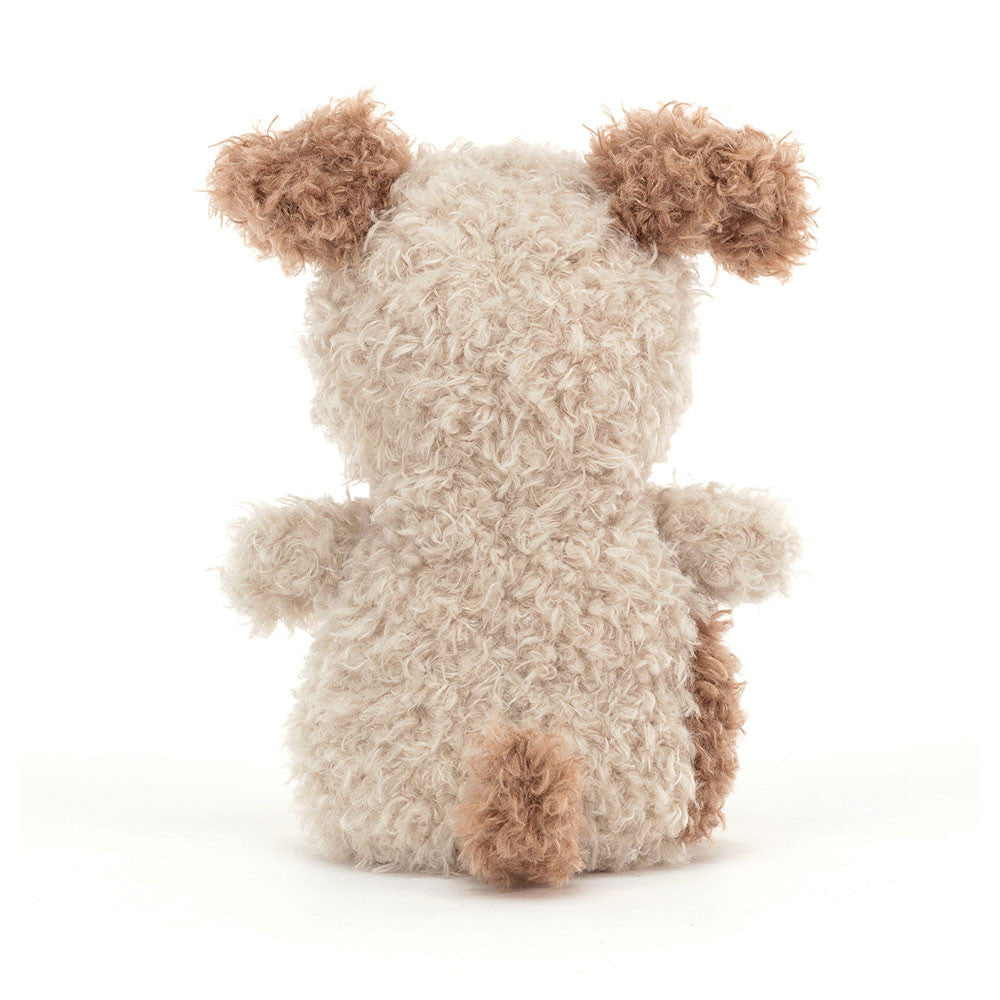 Small cream and brown Jellycat puppy plush with scruffy fur and floppy ears.