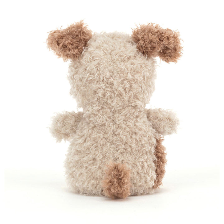 Small cream and brown Jellycat puppy plush with scruffy fur and floppy ears.
