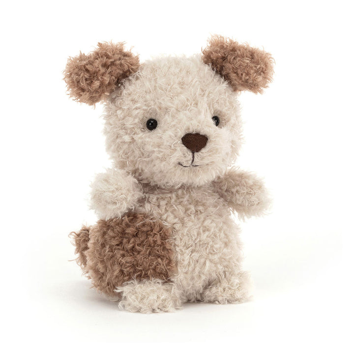 Small cream and brown Jellycat puppy plush with scruffy fur and floppy ears.