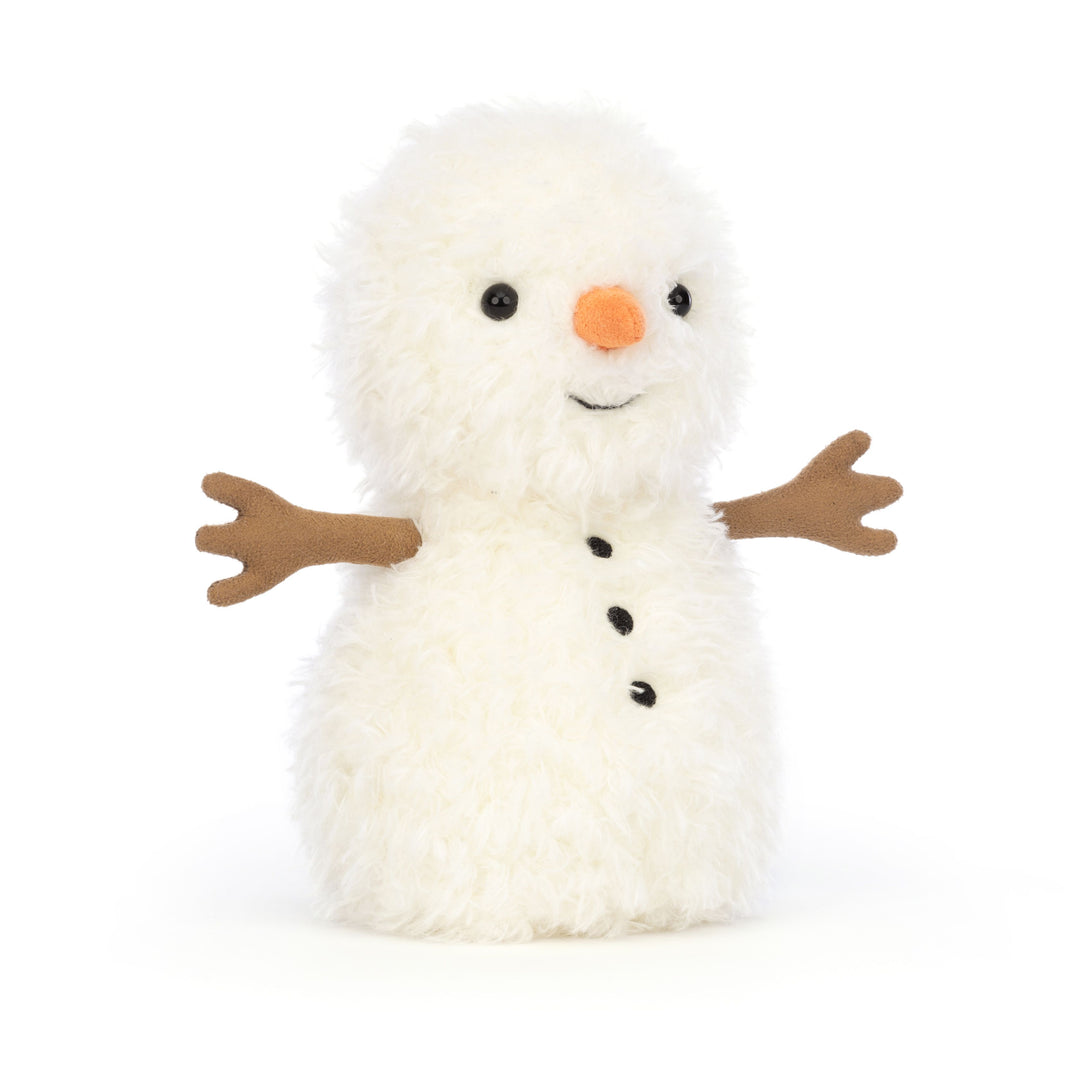 Soft white plush snowman with carrot nose and brown twig arms, Little Snowman