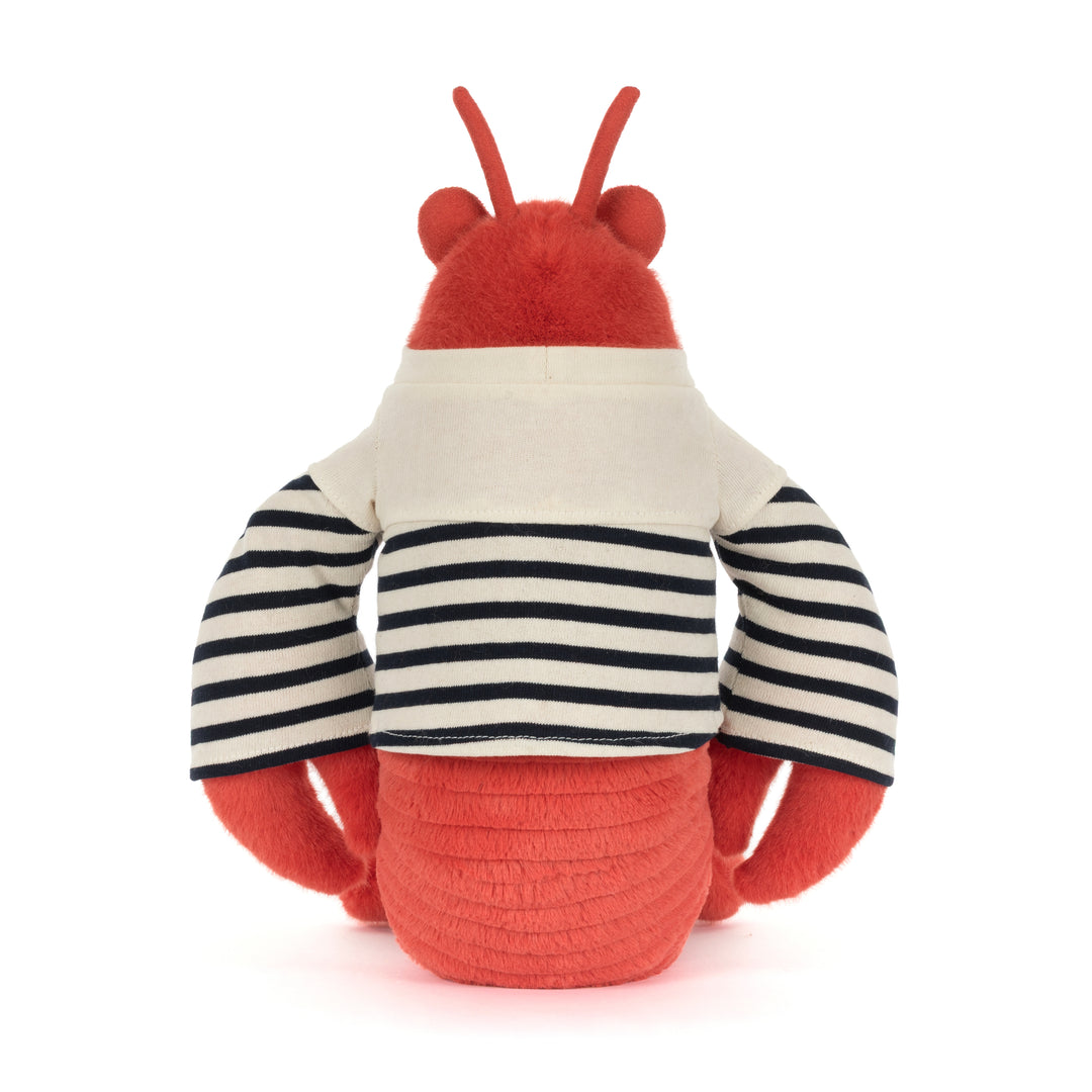 Plush toy lobster with a striped shirt on a white background showing backside