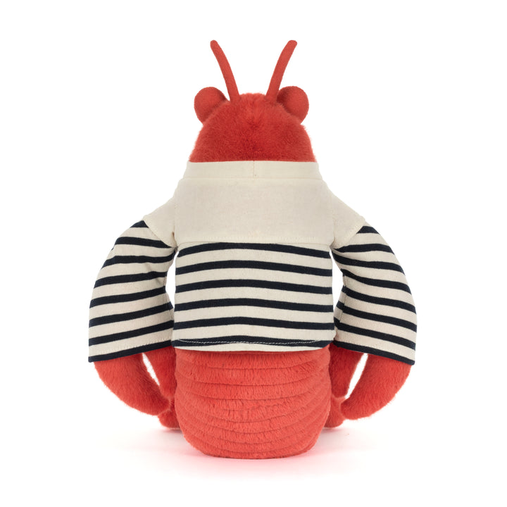 Plush toy lobster with a striped shirt on a white background showing backside