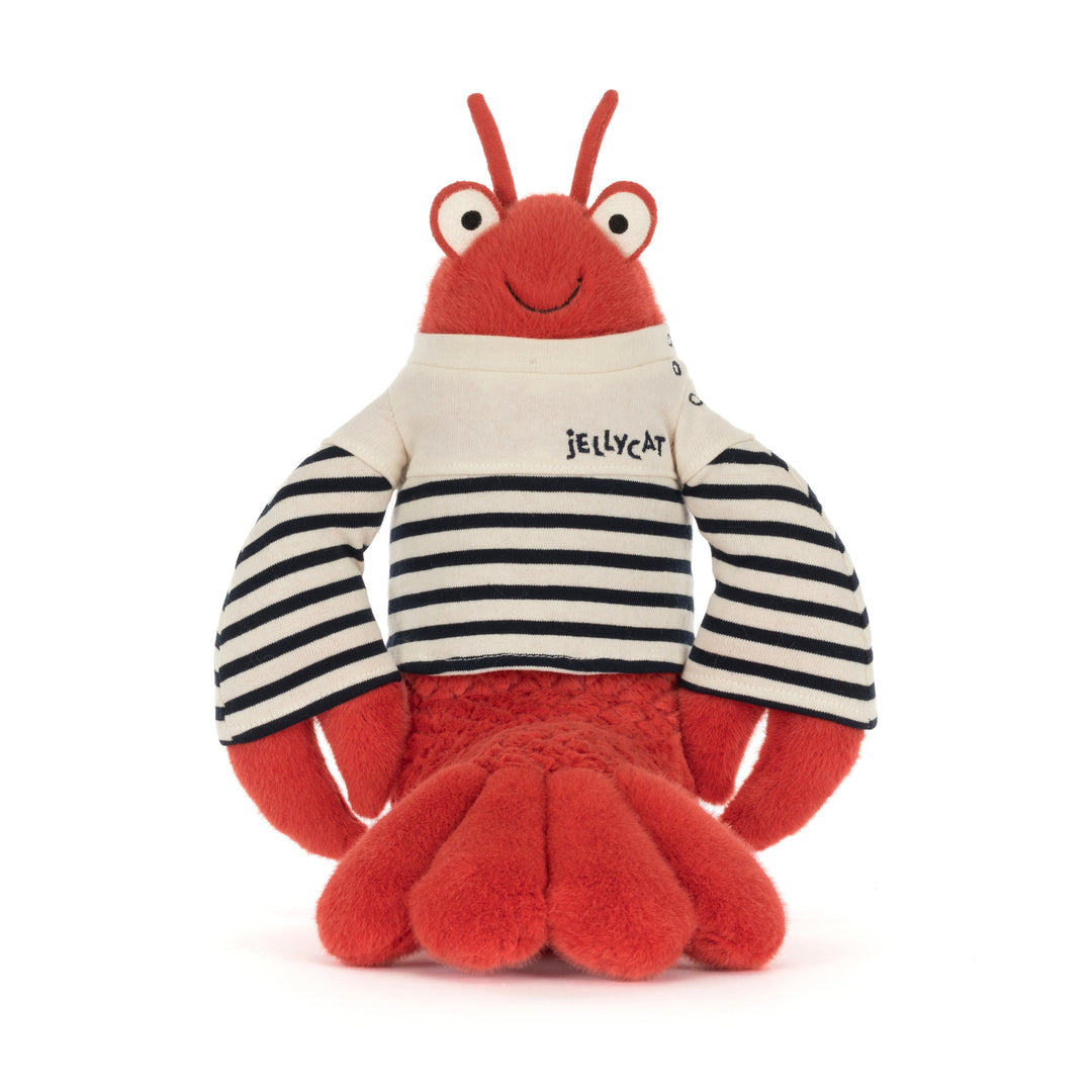 Plush toy lobster wearing a striped shirt with 'Jellycat' branding on a white background