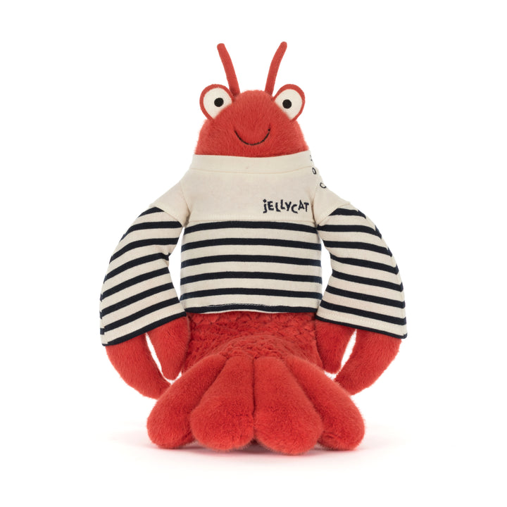 Plush toy lobster wearing a striped shirt with 'Jellycat' branding on a white background
