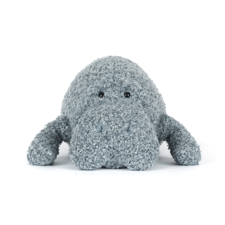Plush toy manatee with a textured gray pattern on a white background