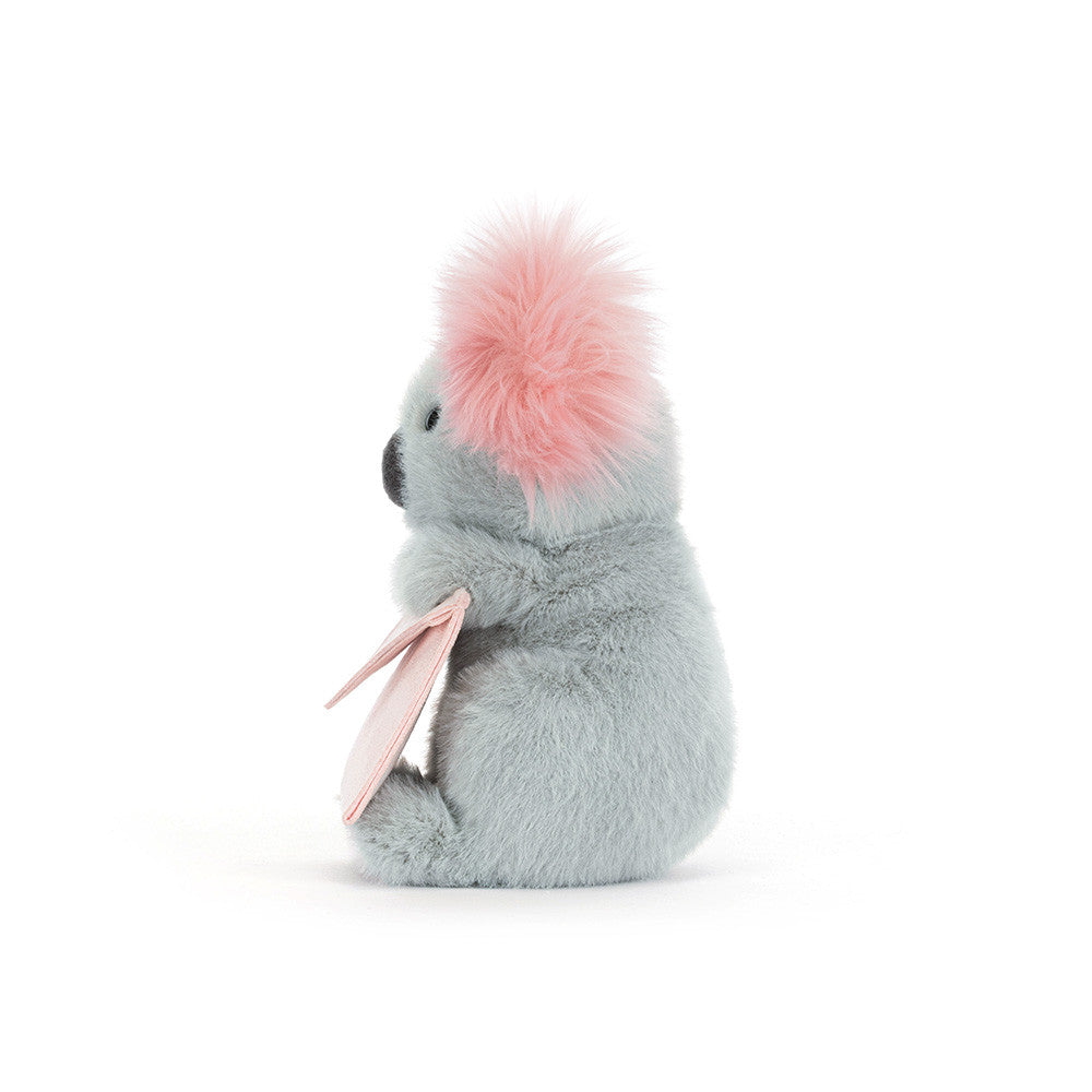 Jellycat Koala plush with fluffy pink ears holding a soft pink message envelope on a white background
