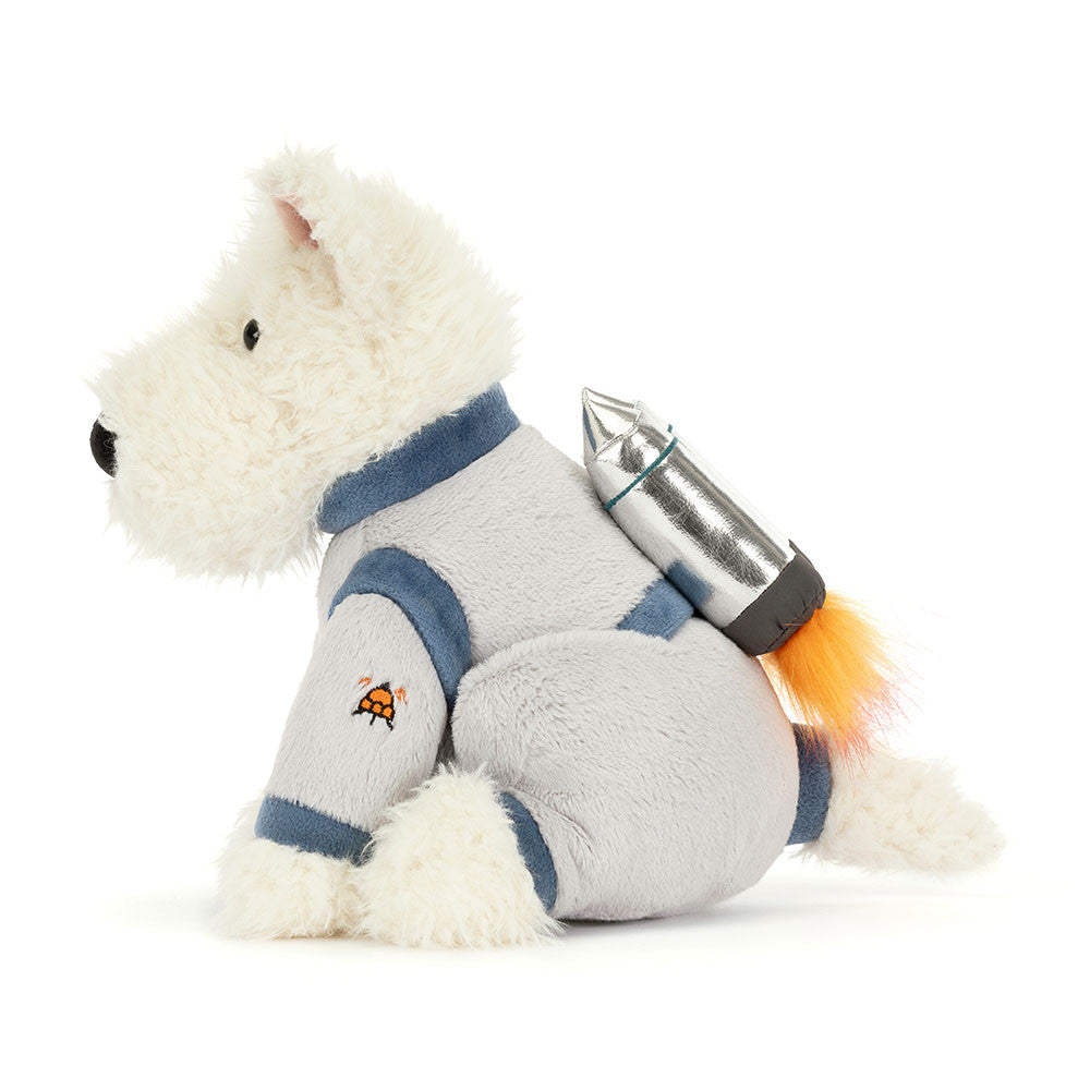 munro scottie dog plush in astronaut space outfit with rocket pack