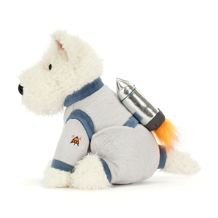 munro scottie dog plush in astronaut space outfit with rocket pack