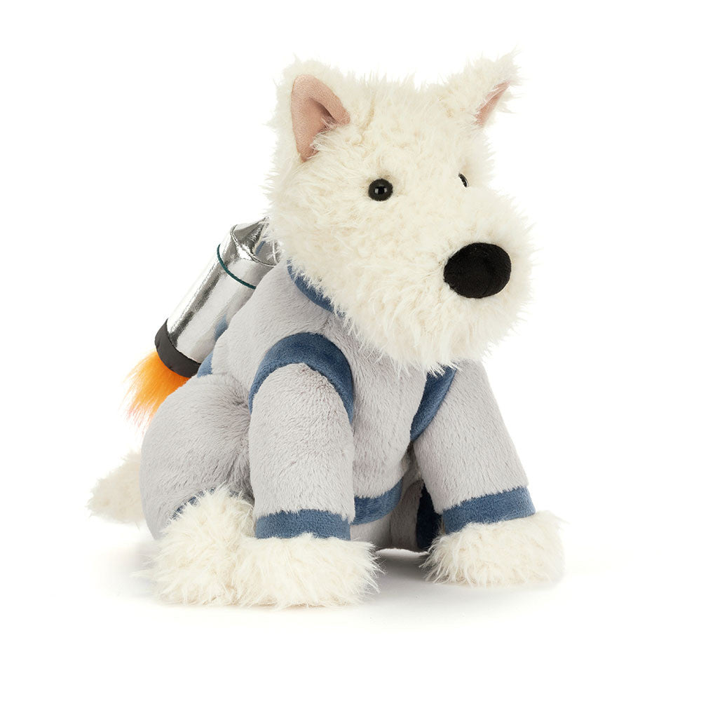 munro scottie dog plush in astronaut space outfit with rocket pack